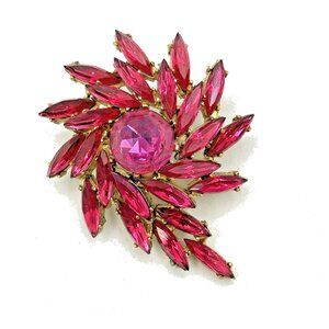 Vintage Hot Pink Fuchsia Marquise Rhinestone Brooch 2.5"